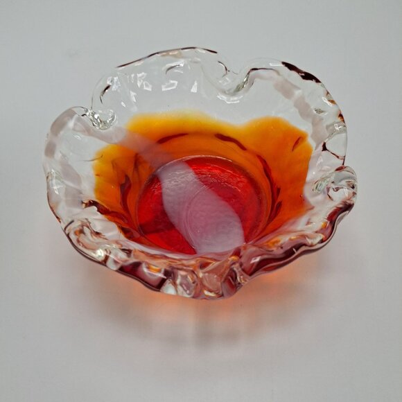 Art Glass Crimped Ruffled Edge Red Orange Clear Bowl Ashtray - Picture 3 of 6